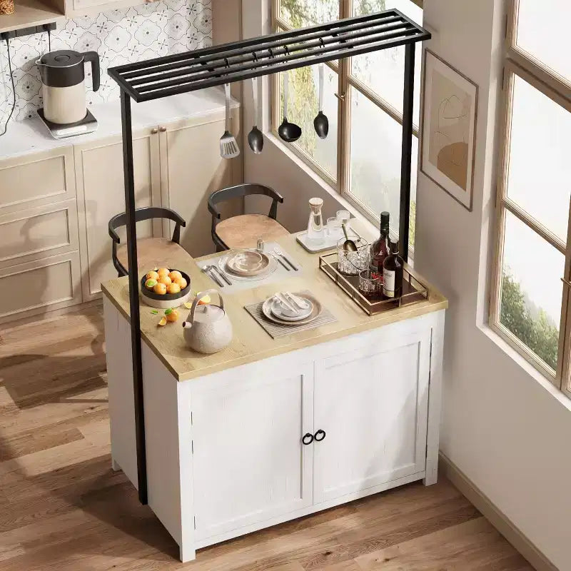 42" Mobile Kitchen Island Cart with Wood Countertop, 3-Tier Shelves & 5 Hooks
