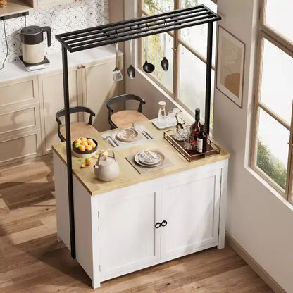 42" Mobile Kitchen Island Cart with Wood Countertop, 3-Tier Shelves & 5 Hooks