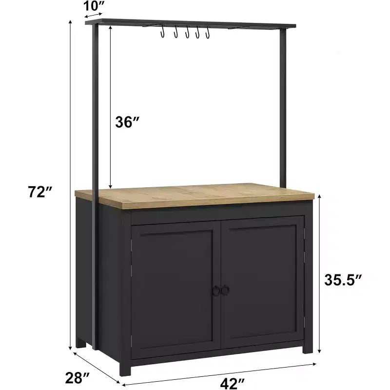 42" Mobile Kitchen Island Cart with Wood Countertop, 3-Tier Shelves & 5 Hooks