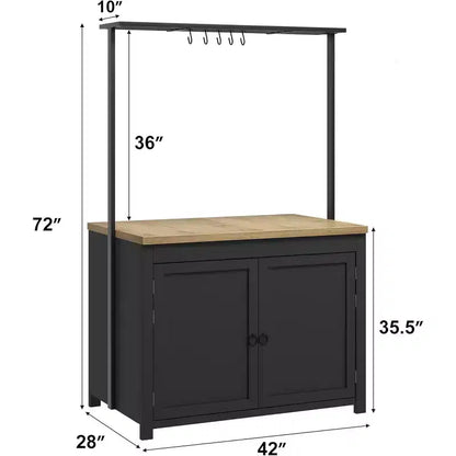 42" Mobile Kitchen Island Cart with Wood Countertop, 3-Tier Shelves & 5 Hooks