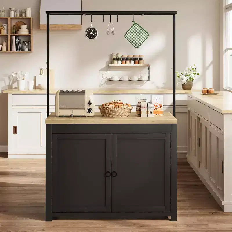 42" Mobile Kitchen Island Cart with Wood Countertop, 3-Tier Shelves & 5 Hooks