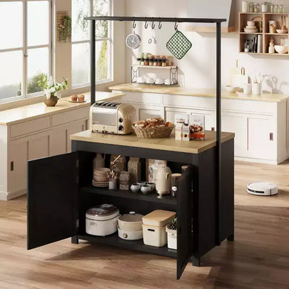 42" Mobile Kitchen Island Cart with Wood Countertop, 3-Tier Shelves & 5 Hooks