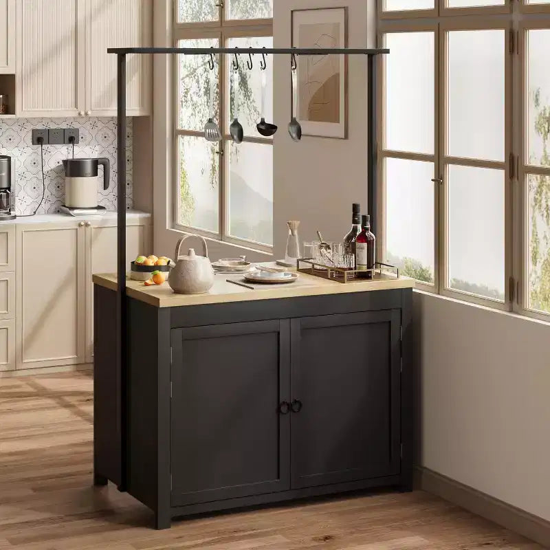 42" Mobile Kitchen Island Cart with Wood Countertop, 3-Tier Shelves & 5 Hooks