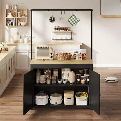 42" Mobile Kitchen Island Cart with Wood Countertop, 3-Tier Shelves & 5 Hooks