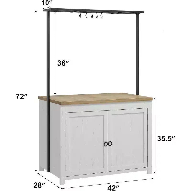 42" Mobile Kitchen Island Cart with Wood Countertop, 3-Tier Shelves & 5 Hooks