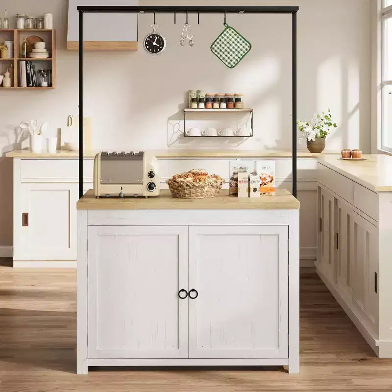 42" Mobile Kitchen Island Cart with Wood Countertop, 3-Tier Shelves & 5 Hooks