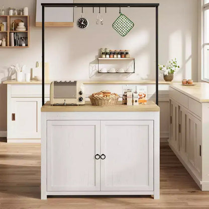 42" Mobile Kitchen Island Cart with Wood Countertop, 3-Tier Shelves & 5 Hooks