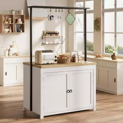42" Mobile Kitchen Island Cart with Wood Countertop, 3-Tier Shelves & 5 Hooks