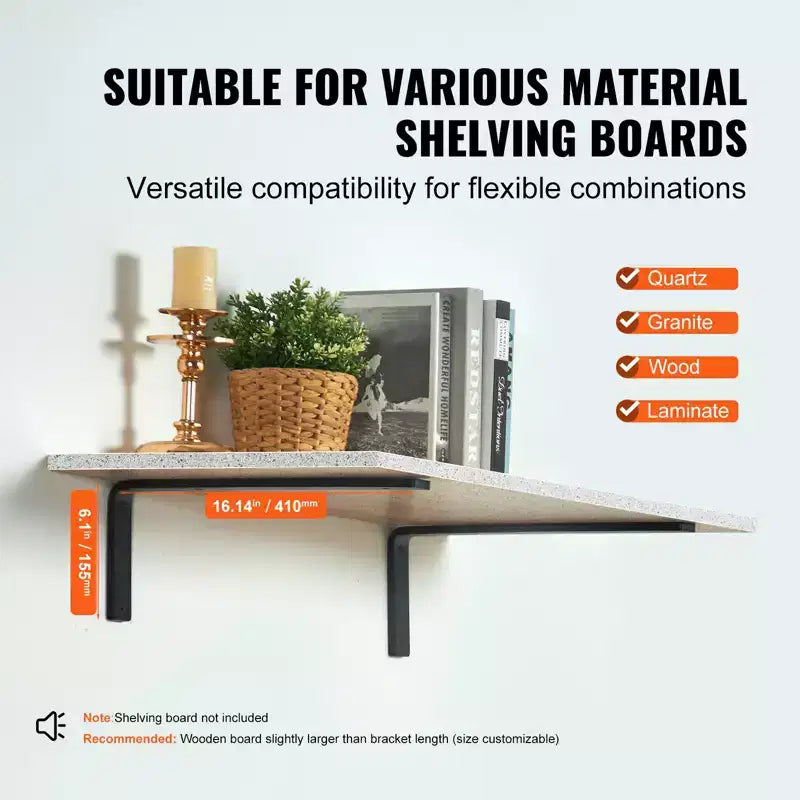 Heavy Duty Floating Shelf Brackets – 16x6", 10mm Thick Cast Iron, Matte Black, 4-Pack