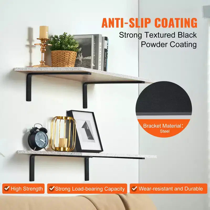 Heavy Duty Floating Shelf Brackets – 16x6", 10mm Thick Cast Iron, Matte Black, 4-Pack