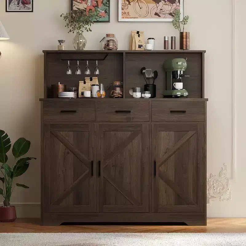 47.2 Sideboard with Storage, Wooden Large Storage Cabinet with 3 Doors, 3 Drawers and 1 Countertop, Suitable for Dining Room, Living Room