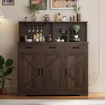 47.2 Sideboard with Storage, Wooden Large Storage Cabinet with 3 Doors, 3 Drawers and 1 Countertop, Suitable for Dining Room, Living Room