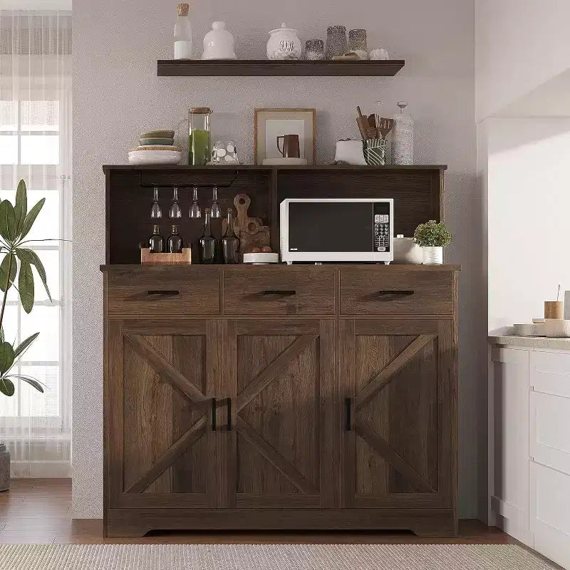 47.2 Sideboard with Storage, Wooden Large Storage Cabinet with 3 Doors, 3 Drawers and 1 Countertop, Suitable for Dining Room, Living Room