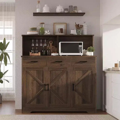 47.2 Sideboard with Storage, Wooden Large Storage Cabinet with 3 Doors, 3 Drawers and 1 Countertop, Suitable for Dining Room, Living Room