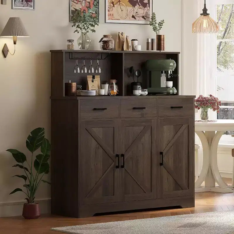 47.2 Sideboard with Storage, Wooden Large Storage Cabinet with 3 Doors, 3 Drawers and 1 Countertop, Suitable for Dining Room, Living Room