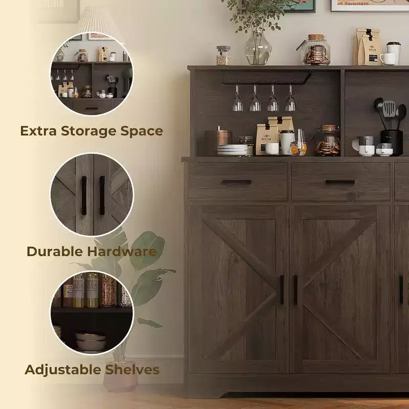 47.2 Sideboard with Storage, Wooden Large Storage Cabinet with 3 Doors, 3 Drawers and 1 Countertop, Suitable for Dining Room, Living Room