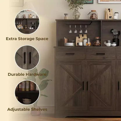 47.2 Sideboard with Storage, Wooden Large Storage Cabinet with 3 Doors, 3 Drawers and 1 Countertop, Suitable for Dining Room, Living Room