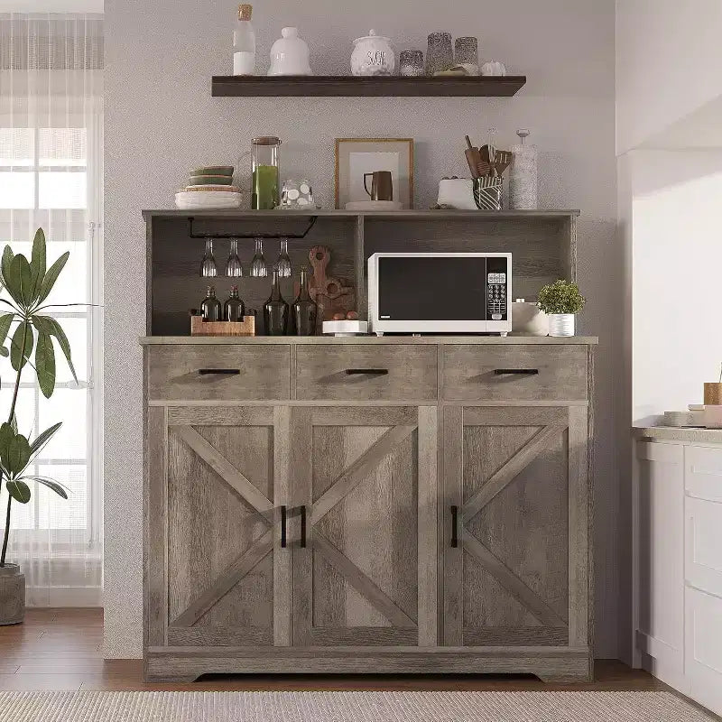 47.2 Sideboard with Storage, Wooden Large Storage Cabinet with 3 Doors, 3 Drawers and 1 Countertop, Suitable for Dining Room, Living Room