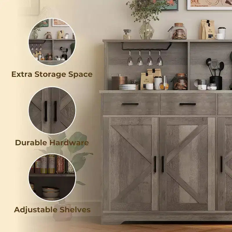 47.2 Sideboard with Storage, Wooden Large Storage Cabinet with 3 Doors, 3 Drawers and 1 Countertop, Suitable for Dining Room, Living Room