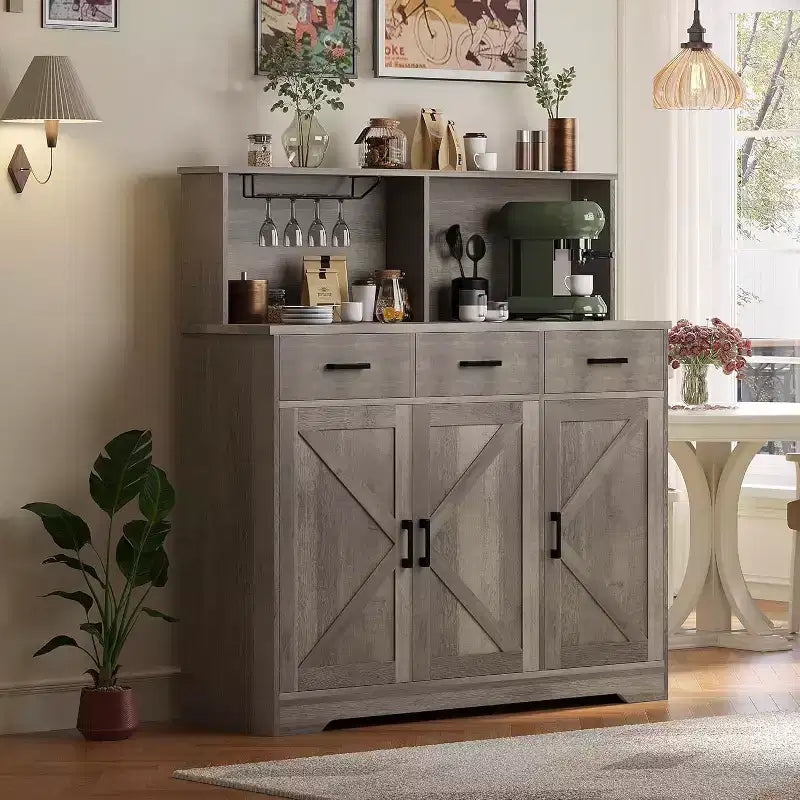 47.2 Sideboard with Storage, Wooden Large Storage Cabinet with 3 Doors, 3 Drawers and 1 Countertop, Suitable for Dining Room, Living Room
