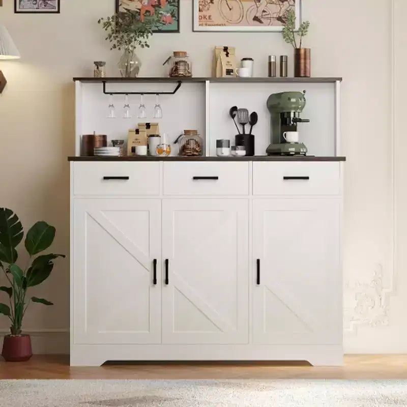 47.2 Sideboard with Storage, Wooden Large Storage Cabinet with 3 Doors, 3 Drawers and 1 Countertop, Suitable for Dining Room, Living Room