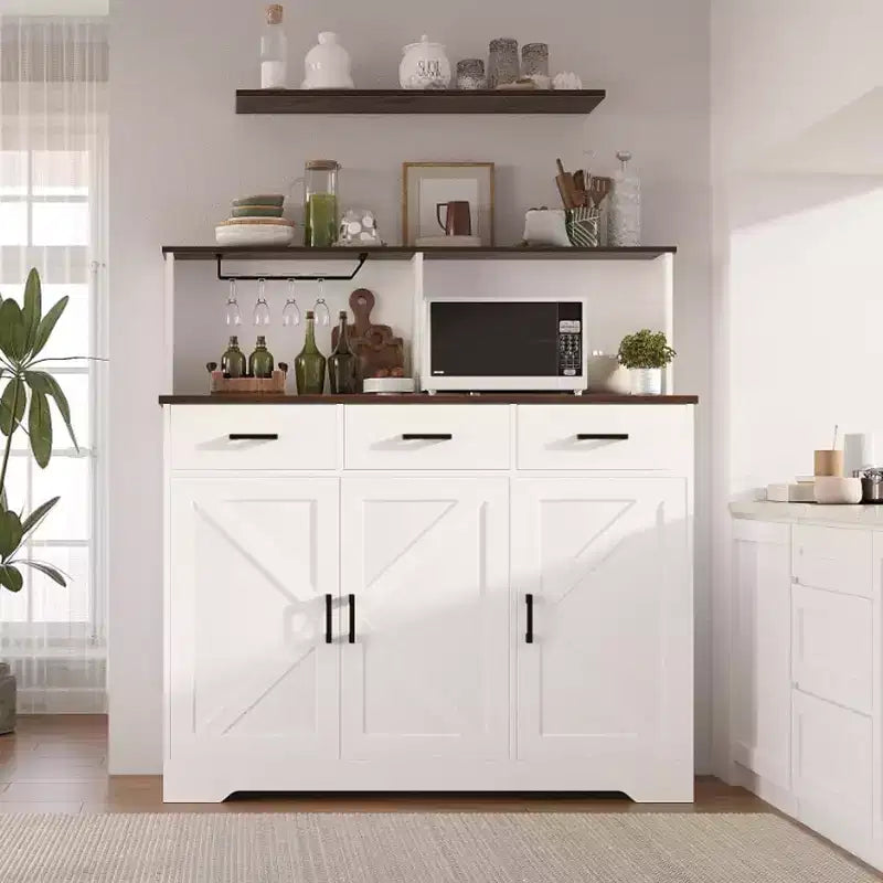 47.2 Sideboard with Storage, Wooden Large Storage Cabinet with 3 Doors, 3 Drawers and 1 Countertop, Suitable for Dining Room, Living Room