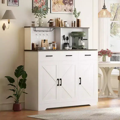 47.2 Sideboard with Storage, Wooden Large Storage Cabinet with 3 Doors, 3 Drawers and 1 Countertop, Suitable for Dining Room, Living Room