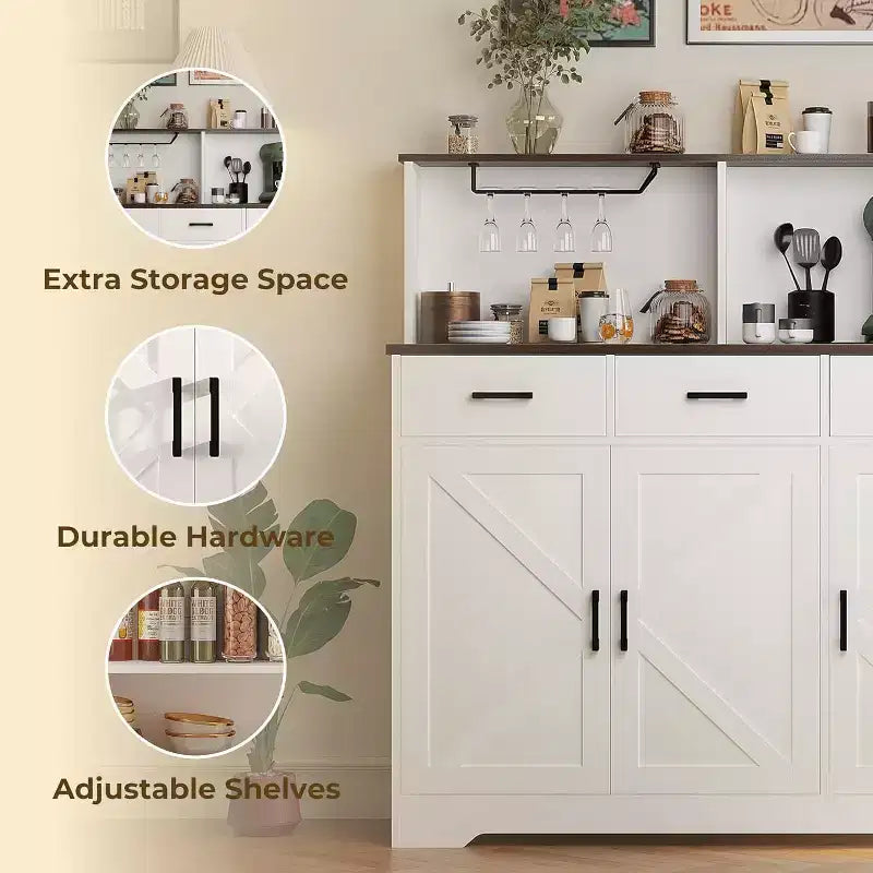 47.2 Sideboard with Storage, Wooden Large Storage Cabinet with 3 Doors, 3 Drawers and 1 Countertop, Suitable for Dining Room, Living Room