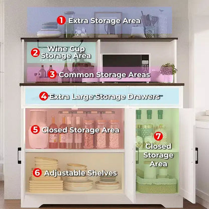 47.2 Sideboard with Storage, Wooden Large Storage Cabinet with 3 Doors, 3 Drawers and 1 Countertop, Suitable for Dining Room, Living Room