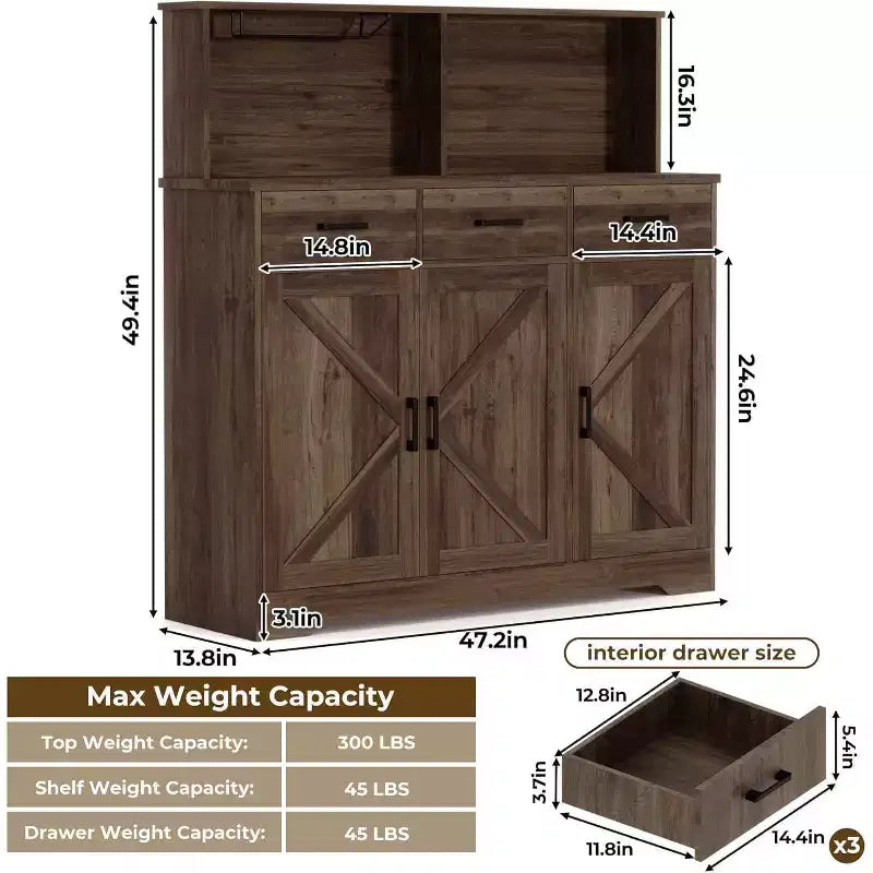 47.2 Sideboard with Storage, Wooden Large Storage Cabinet with 3 Doors, 3 Drawers and 1 Countertop, Suitable for Dining Room, Living Room