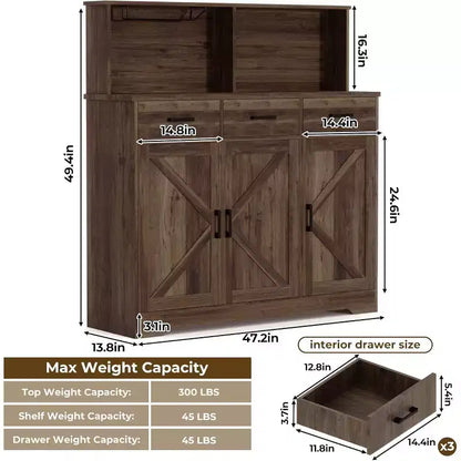 47.2 Sideboard with Storage, Wooden Large Storage Cabinet with 3 Doors, 3 Drawers and 1 Countertop, Suitable for Dining Room, Living Room