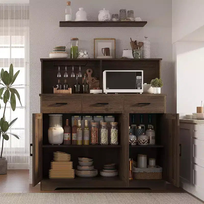 47.2 Sideboard with Storage, Wooden Large Storage Cabinet with 3 Doors, 3 Drawers and 1 Countertop, Suitable for Dining Room, Living Room