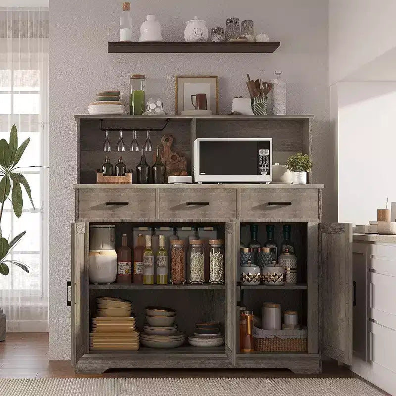 47.2 Sideboard with Storage, Wooden Large Storage Cabinet with 3 Doors, 3 Drawers and 1 Countertop, Suitable for Dining Room, Living Room