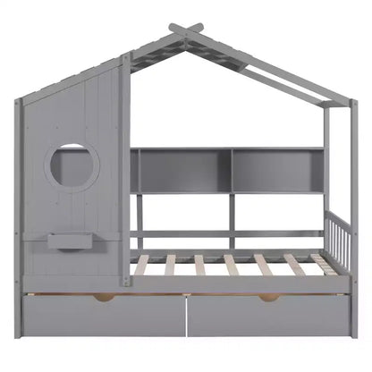 Bellemave Twin Size House Bed with Storage Drawers,Kids House Bed Frame with Shelves, Cute Wood House Bed Twin with Roof for Kids,Girls,Boys,Gray