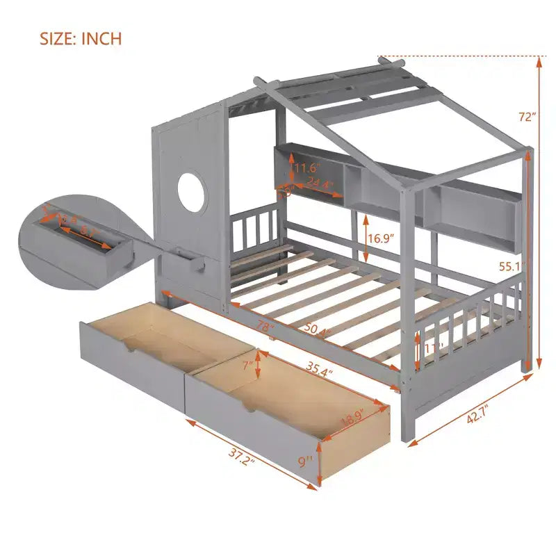 Twin Size House Bed with Storage Drawers & Shelves Gray – Kids, Pine Wood