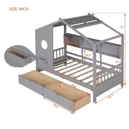 Twin Size House Bed with Storage Drawers & Shelves Gray – Kids, Pine Wood