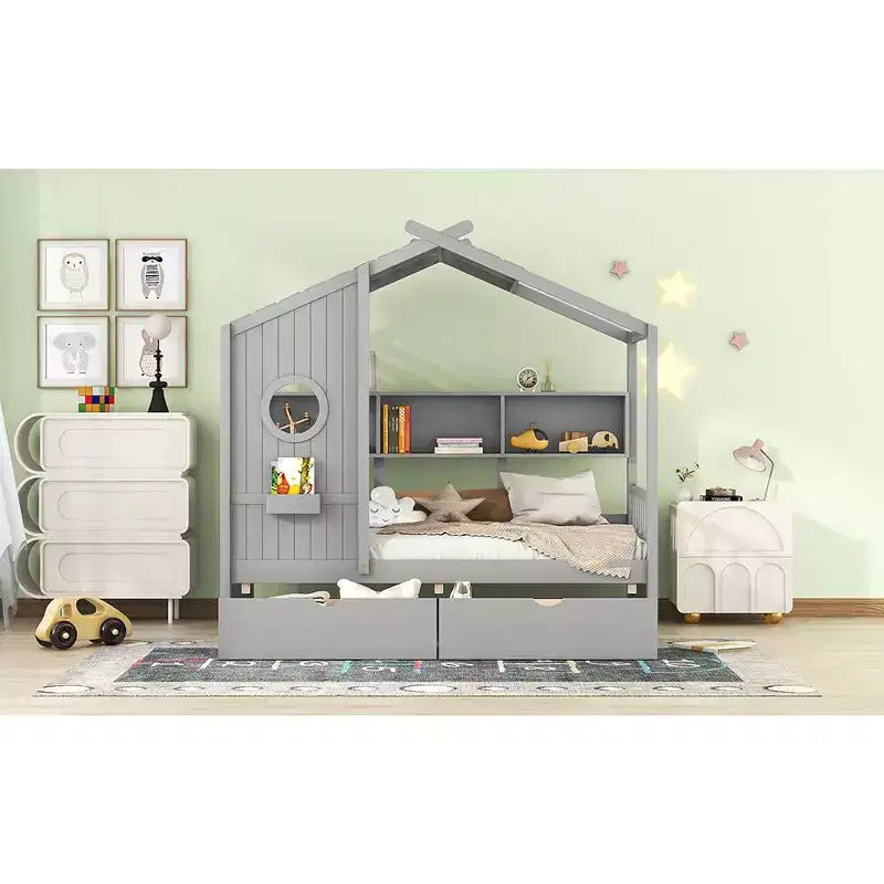 Twin Size House Bed with Storage Drawers & Shelves Gray – Kids, Pine Wood