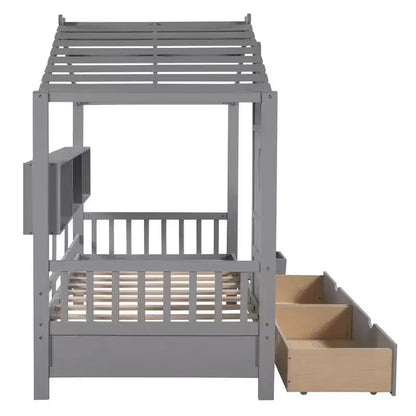 Twin Size House Bed with Storage Drawers & Shelves Gray – Kids, Pine Wood