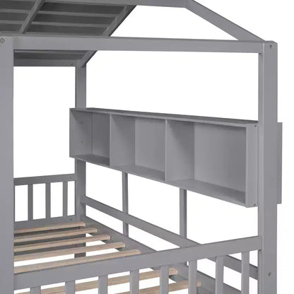 Twin Size House Bed with Storage Drawers & Shelves Gray – Kids, Pine Wood