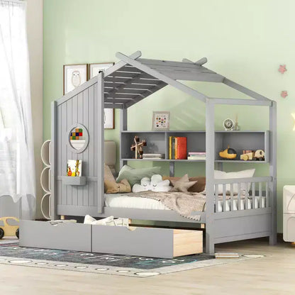 Twin Size House Bed with Storage Drawers & Shelves Gray – Kids, Pine Wood