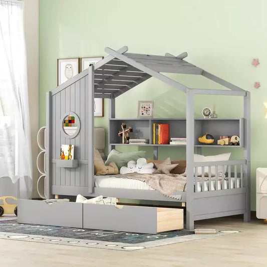 Twin Size House Bed with Storage Drawers & Shelves Gray – Kids, Pine Wood