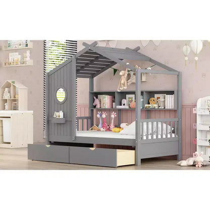 Twin Size House Bed with Storage Drawers & Shelves Gray – Kids, Pine Wood