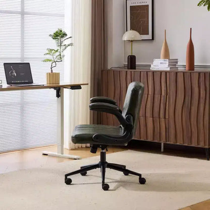 Oil-Waxed Leather Swivel Chair with Flip-Up Armrests – 330 lb Capacity