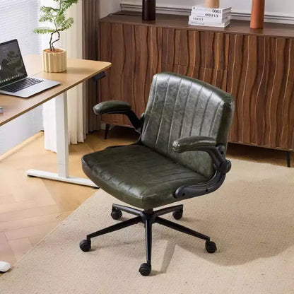 Oil-Waxed Leather Swivel Chair with Flip-Up Armrests – 330 lb Capacity