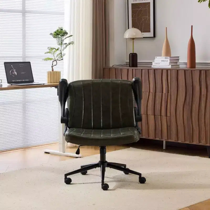Oil-Waxed Leather Swivel Chair with Flip-Up Armrests – 330 lb Capacity