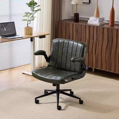 Oil-Waxed Leather Swivel Chair with Flip-Up Armrests – 330 lb Capacity