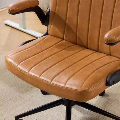 Oil-Waxed Leather Swivel Chair with Flip-Up Armrests – 330 lb Capacity