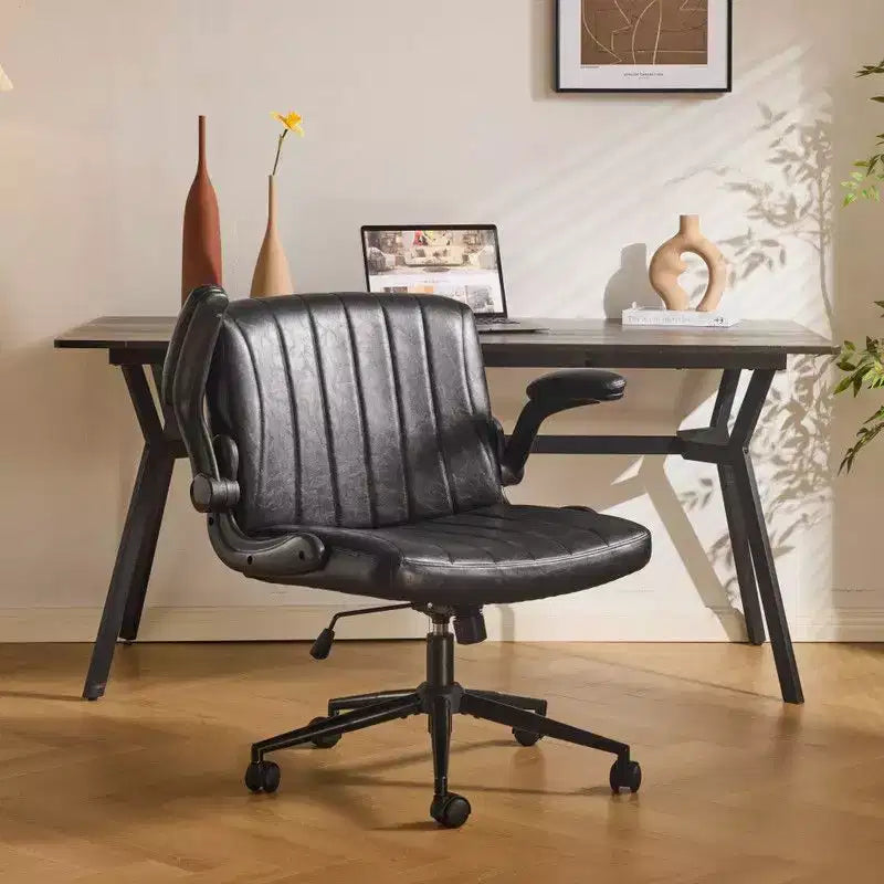 Oil-Waxed Leather Swivel Chair with Flip-Up Armrests – 330 lb Capacity