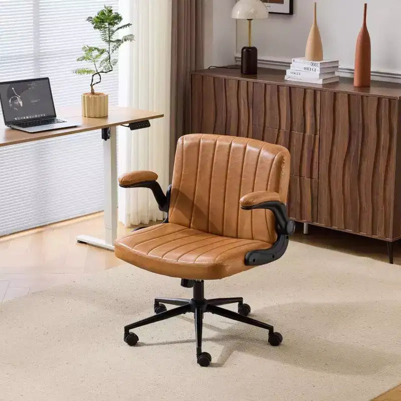 Oil-Waxed Leather Swivel Chair with Flip-Up Armrests – 330 lb Capacity