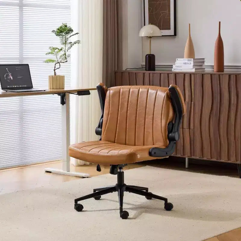 Oil-Waxed Leather Swivel Chair with Flip-Up Armrests – 330 lb Capacity